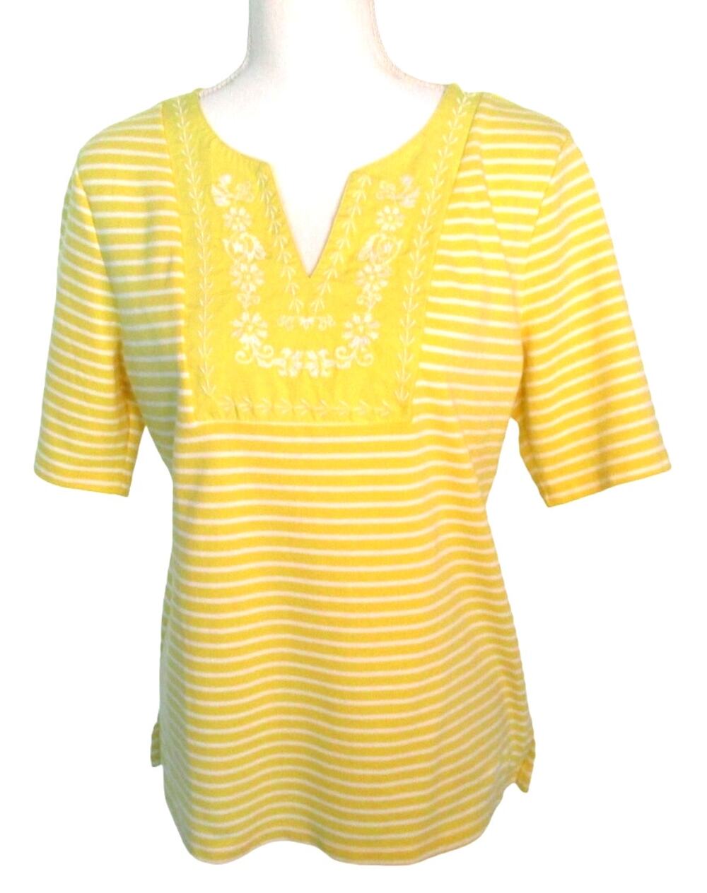 Croft & Barrow Women's Short Sleeve Yellow & White Striped Embroidered Shirt Med
